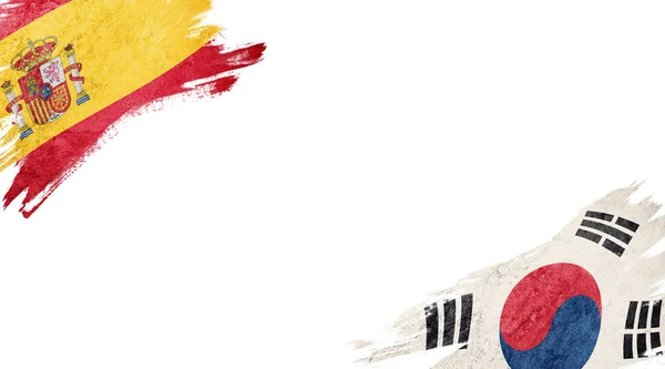 Zászló Spanyolország és Dél-Korea a fehér háttér — Stock Fotó